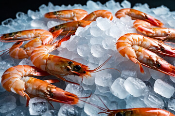 Fresh shrimp seafood on crushed ice at fish market. Fresh frozen on store counter in hypermarket. Frozen sea fish on display counter at store. Concept of retail food backgrounds. Copy ad text space - obrazy, fototapety, plakaty
