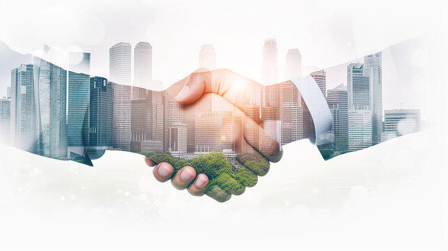 Double exposure image of two businessmen shaking hands with cityscape. Business, agreement and cooperation concept.