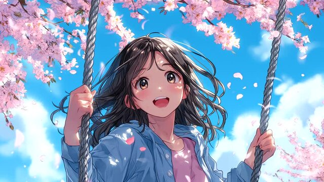 Lofi anime girl, sitting on a tree swing with beautiful spring scenery and soothing wind. seamless looping 4k time-lapse animated video background	