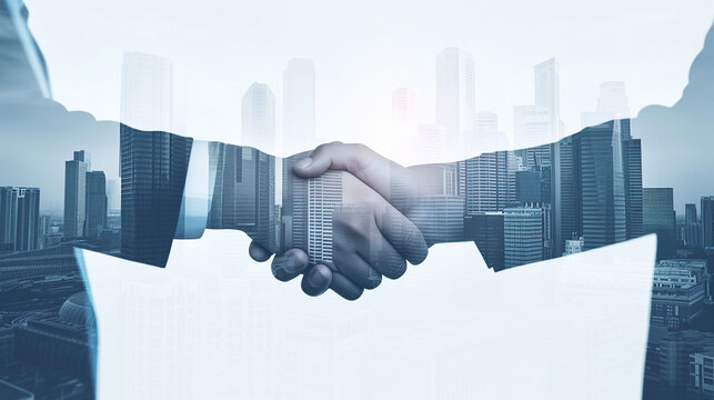 Double exposure image of two businessmen shaking hands with cityscape. Business, agreement and cooperation concept.