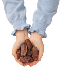 Handful date fruits, top view concept image of girl child handful date fruits. Offering, giving delicious special sweet snack for breaking fasting. Ramazan concept image,. Isolated transparent png. - obrazy, fototapety, plakaty