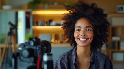 Fototapeta premium Young beautiful african american or latino woman influencer with toothy smile streaming for her followers in cozy apartment with LED lights and decorations for advertising campaign