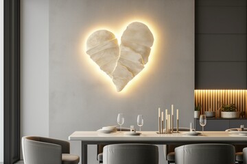 heartshaped light fixture above a modern dining table
