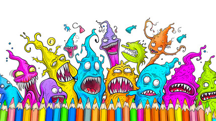 A bunch of colorful monsters are standing next to a row of colored pencils