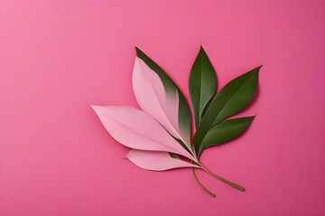 Fototapeta na wymiar pink background and green leaves