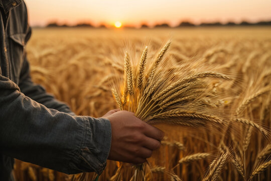 Hands of farmer holds ripe wheat. Ripe ears of gold field on the sunset cloudy orange sky background. . Concept of a rich harvest. Agriculture image. Ai generated