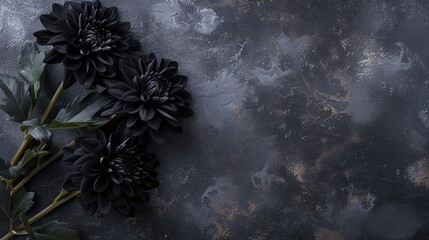 black flowers on a black background with space for text. - obrazy, fototapety, plakaty