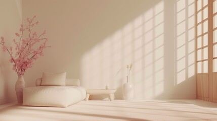 Empty light pastel beige minimalistic room interior with vases, ikebana and sofa in Japanese style decor for zen practices