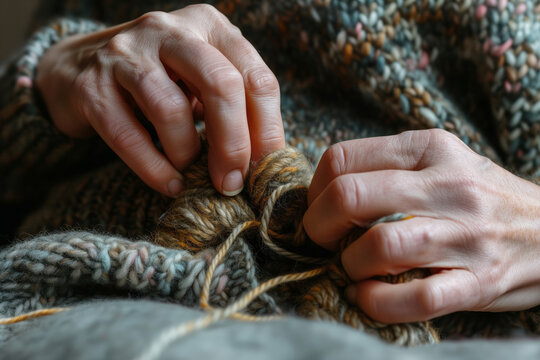 knitters hands focusing on interlocking wool loops