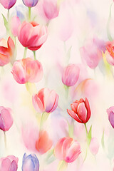 Obraz premium Tulip watercolor painting with repeating pattern, floral artwork for home decor or fabric design, colorful art 