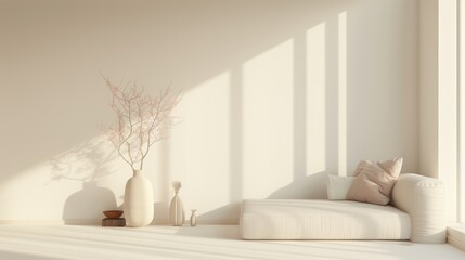 Fototapeta premium Empty light pastel minimalistic room interior with vases, ikebana and sofa in Japanese style decor for zen practices