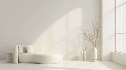 Empty light pastel minimalistic white room interior with vases, ikebana and sofa in Japanese style decor for zen practices