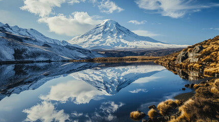 Fototapeta na wymiar A serene mountain lake reflects a snow-capped peak under a clear blue sky, surrounded by the golden hues of alpine grasses, creating a mirror image in the still water