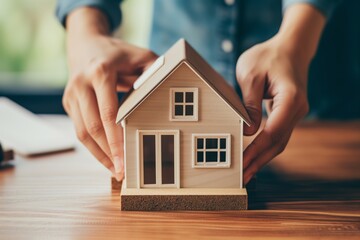 hands placing a tiny house model on a wooden desk
