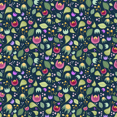 Colorful floral pattern on dark blue background  seamless pattern. Delicate surface for printing on various surfaces (textile, wrapping, packages, apparel, homeware) or use in graphic design.