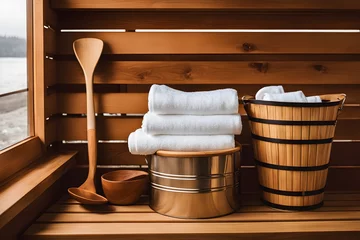 Poster Blick in eine Sauna mit einem Stapel Handtücher © Chris