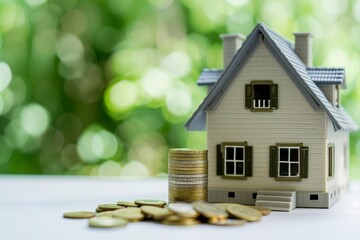model of a house with a stack of coins beside it representing savings