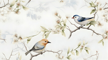 Bird painting with twigs and branches in seamless style, spring seasonal wallpaper with blooming flowers, decor print background