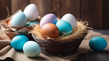 Fototapeta na wymiar easter eggs in a basket. Multi-colored eggs lying on straw in wicker baskets on the eve of Easter.