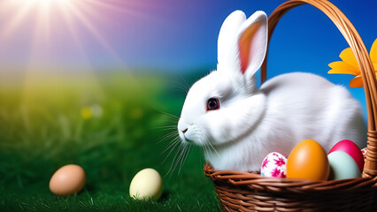 easter bunny with eggs. A white rabbit sitting in a wicker basket among colorful eggs.  Background of spring tulips.  Easter holiday