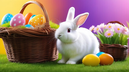 easter bunny and easter eggs. White Easter bunny on the background of a wicker basket with multi-colored eggs.  The bright holiday of Easter.  Background for cards, banners