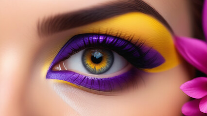 Beautiful gray female eye close-up.  Makeup done in yellow and purple colors.  International Women's Day holiday concept