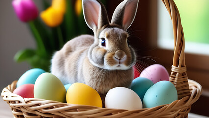 easter bunny and easter eggs. A brown rabbit sitting in a wicker basket among colorful eggs.  Background of spring tulips.  Easter holiday