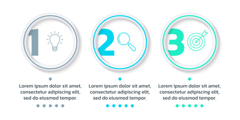 3 step, option infographic with business icons. Process diagram, timeline info graphic design elements. Modern layout, flow chart with three numbers and 3d circles. Vector illustration.