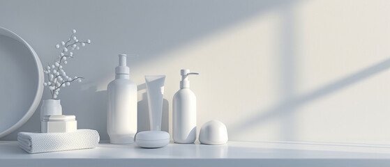 Simplistic elegance of bathroom products aligned on a shelf, bathed in soft daylight - obrazy, fototapety, plakaty