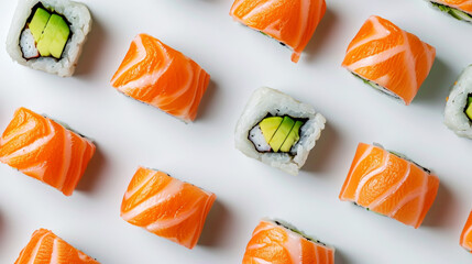 Delicious fresh salmon nigiri and sushi rolls. Light background. Asiatic cuisine. Aesthetic food concept. Generative AI