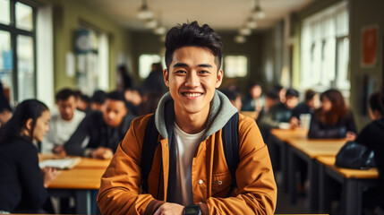 Fototapeta premium Cheerful young Asian male student smiling at the camera with a classroom full of fellow students studying in the background, embodying academic success and happiness
