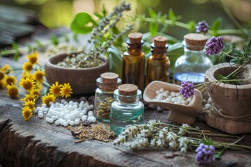 Homeopathy and dietary supplements from medicinal herbs and flowers, alternative medicine concept