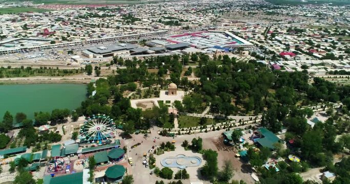 Drone flies over Ismoil Somoniy madrasah on sunny day