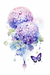 Watercolor print with purple aerostat balloon flowers, hydrangeas lilac ball, watercolor stains and delicate flying butterfly, invitation or card template