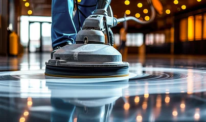 Foto op Canvas Professional janitorial staff using an industrial floor buffer machine for cleaning and polishing the hallway of a modern corporate or commercial building © Bartek