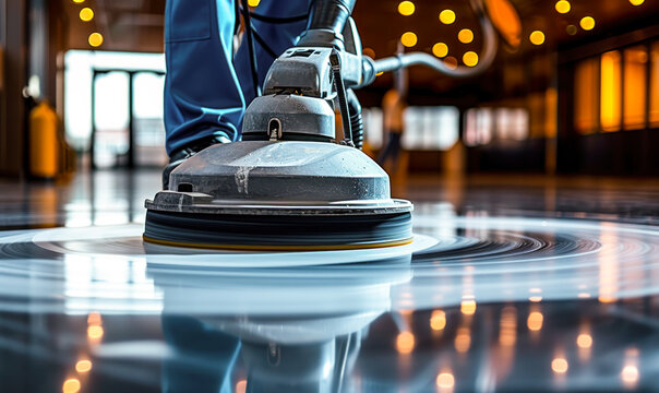 Professional janitorial staff using an industrial floor buffer machine for cleaning and polishing the hallway of a modern corporate or commercial building