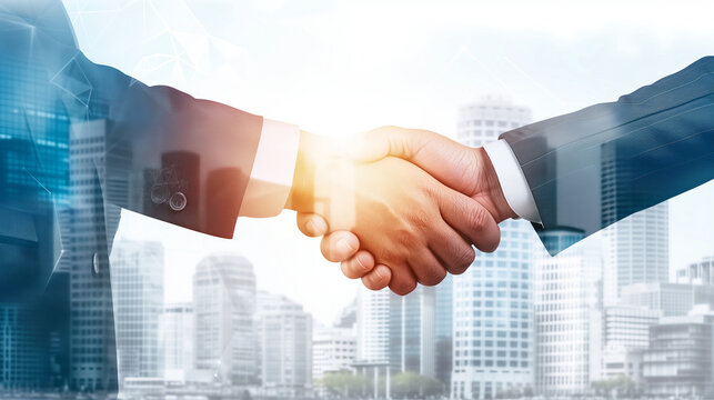 handshake of business people with skyscrapers background and finance and marketing business conclusion