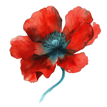 Red blue color watercolor hand drawn illustration flower stalk on trasparent background