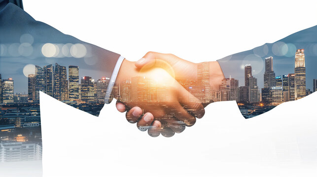 handshake of business people with skyscrapers background and finance and marketing business conclusion