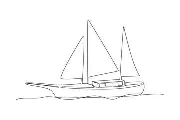 Single one line drawing little sailing ship, boat, sailboat, flat style. Sailing ship, sailboat with white sails. Continuous line draw design graphic vector illustration