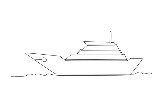 Single one line drawing little sailing ship, boat, sailboat, flat style. Sailing ship, sailboat with white sails. Continuous line draw design graphic vector illustration