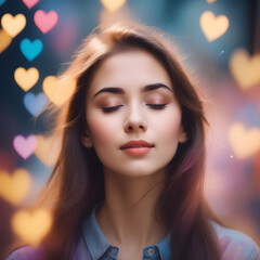 young attractive woman dreams with closed eyes, falling in love, flying hearts, inspiration, verve,...