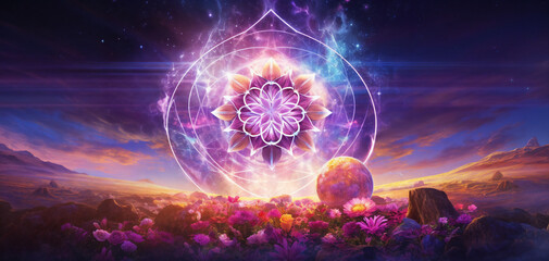 a painting of a flower of life surrounded by a purple sky and purple flowers with a purple and blue star, generative ai