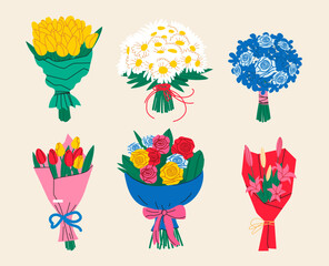 Flower bouquet. Set of various beautiful bouquets.Collection of various flowering plants with stems and leaves.Flower bouquet colorful summer flowers set for invitation, greeting card, poster, frame, 