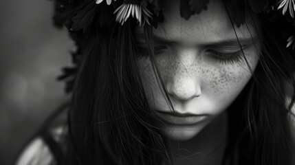 sad girl with a black wreath on her head. - obrazy, fototapety, plakaty