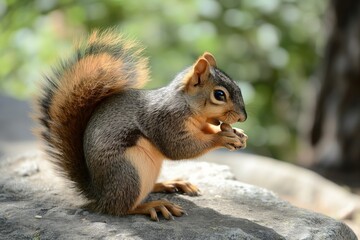Naklejka na ściany i meble side view of squirrel eating pine nut on rock