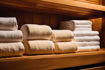 Blick in eine Sauna mit einem Stapel Handtücher