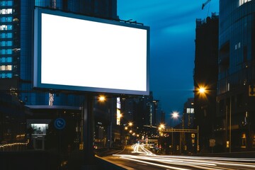 Mockup. Blank advertising billboard LCD advertisement in modern city at night. Outdoor pole billboard with blank white horizontal screen