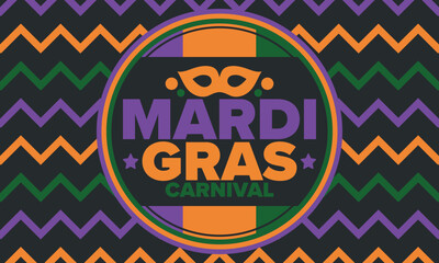 Fototapeta na wymiar Mardi Gras Carnival in New Orleans. Fat Tuesday. Traditional holiday, celebration annual. Folk festival, costume masquerade, fun party. Carnival mask. Poster, card, banner and background. Vector