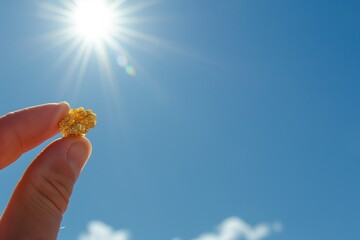 A small gold nugget in his hand against the background of the sky and the shining sun